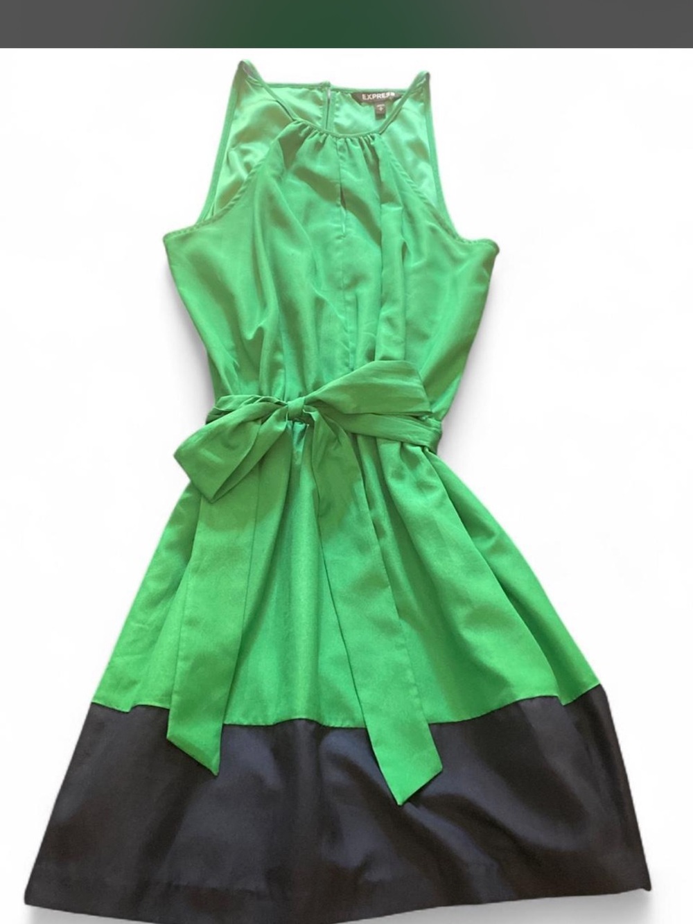 Express Green Sleeveless Belted Dress with Blue Hem